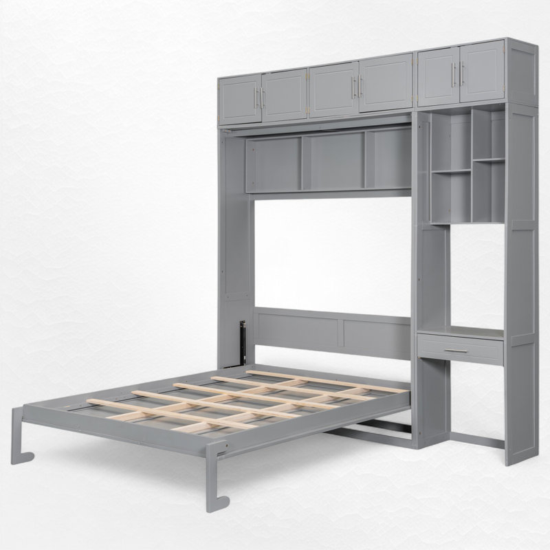 Lit escamotable avec bureau intégré et rangement, Gris, Grand