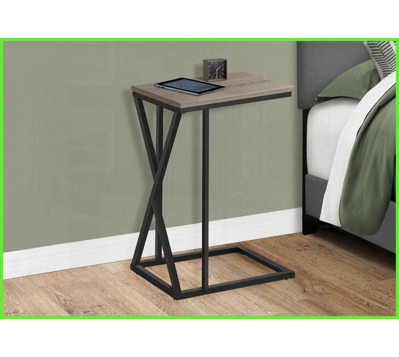 Table basse en forme de C pour économiser de l'espace Chambre à coucher, plateau en stratifié brun Cadre en métal noir, Tanné