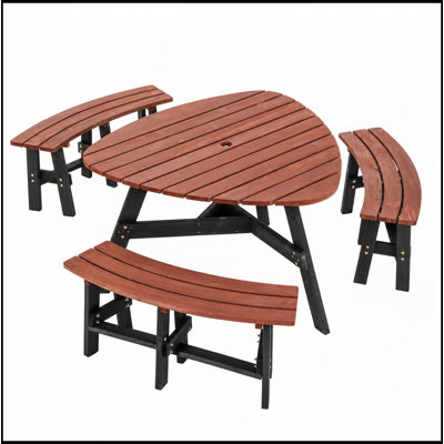 Ensemble de table de pique-nique semi-circulaire 6 personnes en sapin massif, style rustique, avec 3 bancs intégrés et un trou pour parasol.