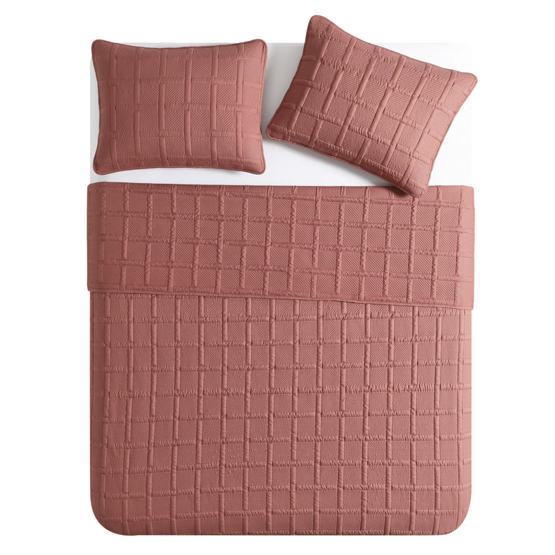 Square 3-Piece Solid Pinsonic Textured Quilt Set, Full / Queen Quilt + 2 Standard Shams, Rose Geometric