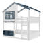 Lit superposé double / lit mezzanine double avec bibliothèque, style maison, clôture de sécurité de haute qualité, blanc et bleu