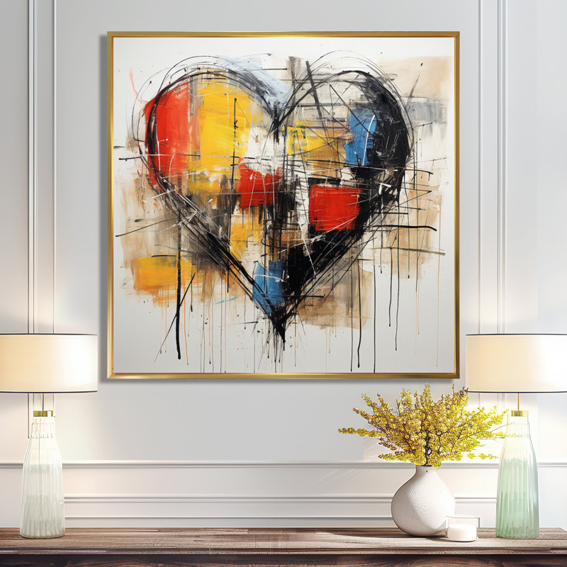 Pop Art Heart Abstract Collages - Art mural abstrait, Cadre flottant doré, H 16 po x l 16 po