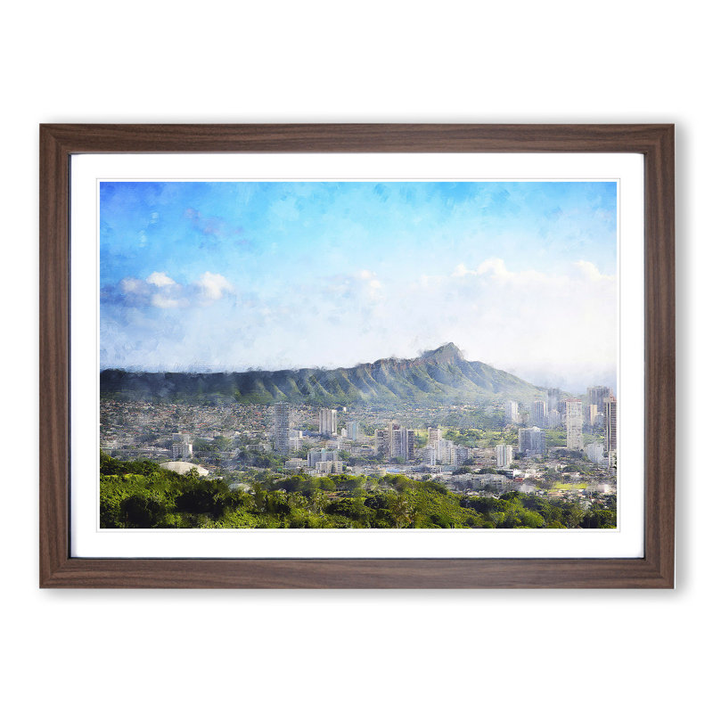 Honolulu Oahu Skyline in Hawaii - Picture Frame Painting, Walnut Framed, 27cm H x 36cm W x 2cm D