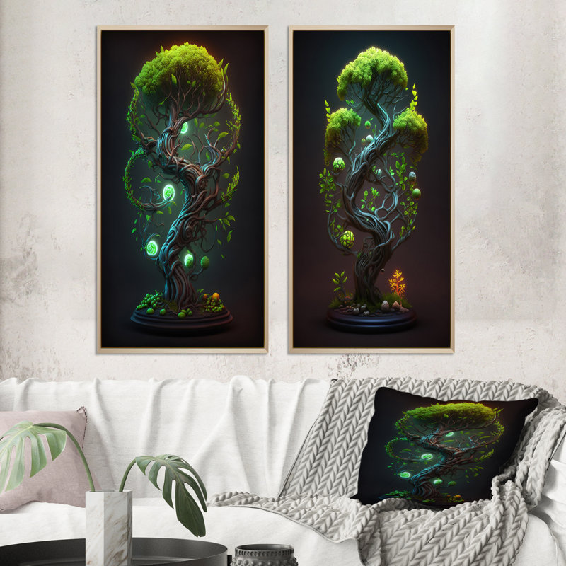 «Neon Bonsai Swirl Tree V», 2 pièces, H 32 po x l 32 po, Encadrement brun