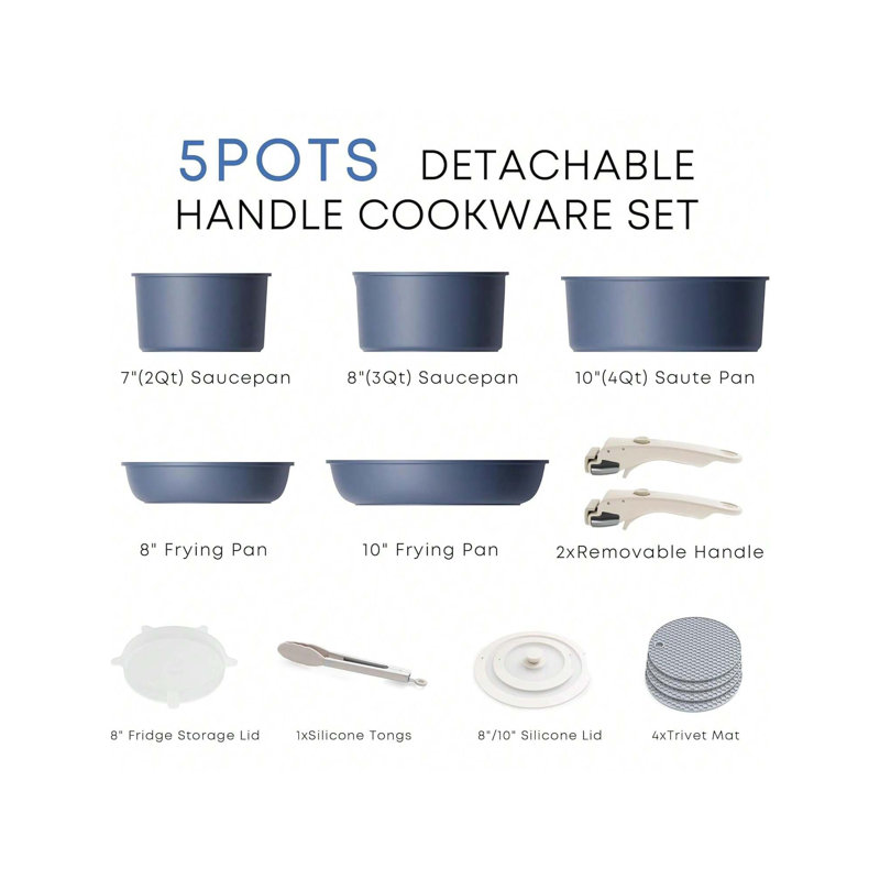 Caannasweis 12 Pieces Nonstick Cookware Set Stackable Induction Pots and Pans With Removable Handles, Blue