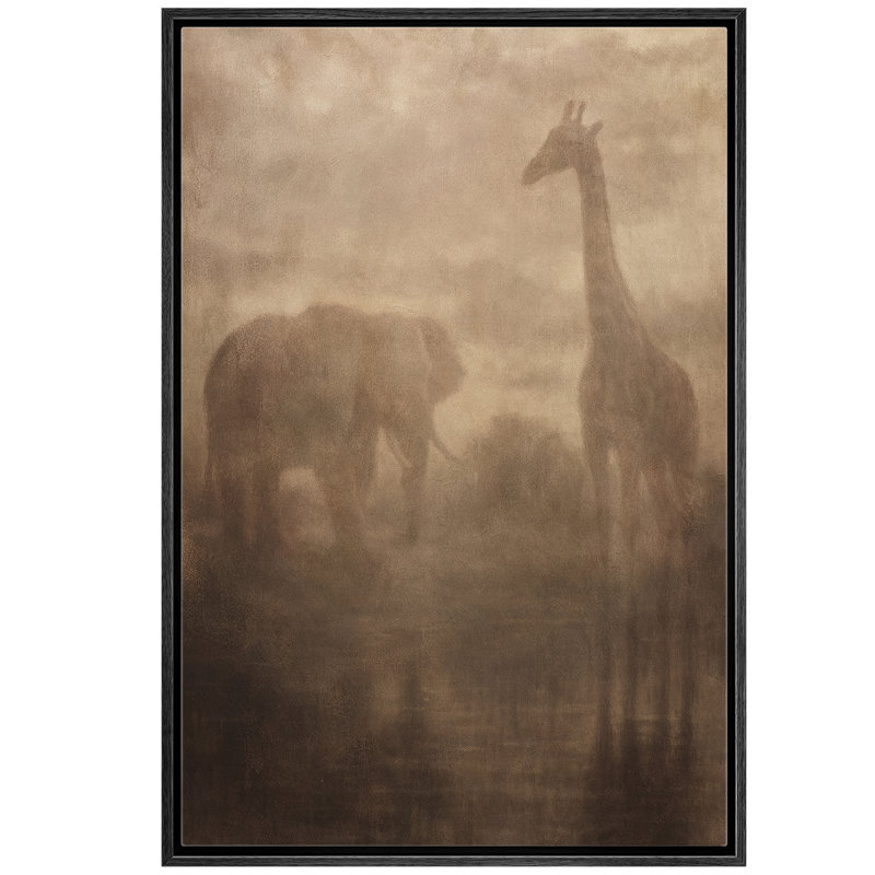 «Soft Safari Silhouettes of Elephant and Giraffe», reproduction d'art sur toile encadrée dans la chambre principale, Noir