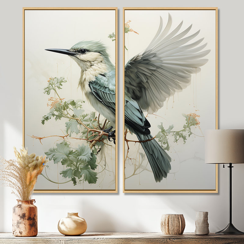 Colibri, voyage de jade 1 - impressions sur toile bleues, 2 pièces, 40" H x 40" W, Impression encadrée flottante, Cream