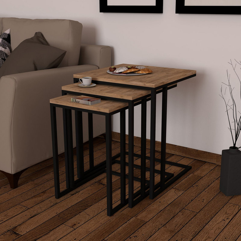 Modern Nesting Table Set (3 Pieces), Walnut & Black, 15.7 x 23.6 x 15.7 inches | 100% Melamine Coated Particle Board, Thickness: 0.7 inches | Stylish Industrial Design for Living Room & Home Office, Space-Saving Solution