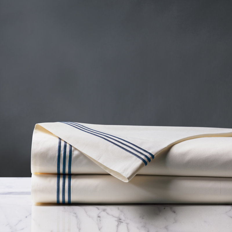 Tessa 100% Cotton Percale Striped Flat Sheet, Ivory/Navy, Queen Flat Sheet