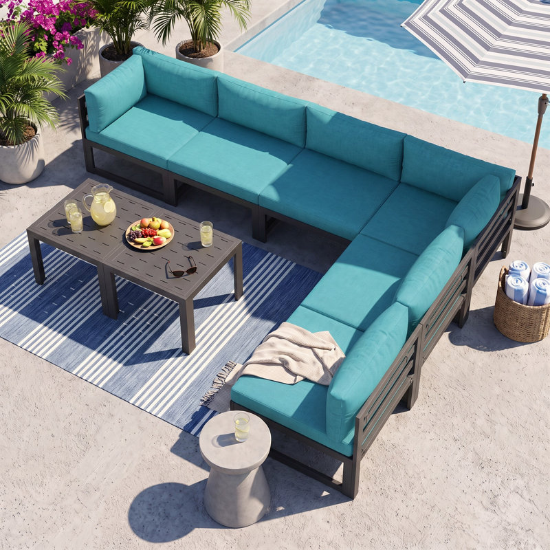 Gilemette 8-Piece Modern Aluminum Outdoor Sectional Seating Group with Cushions & Coffee Table, Rust-Resistant Patio Conversation Set
