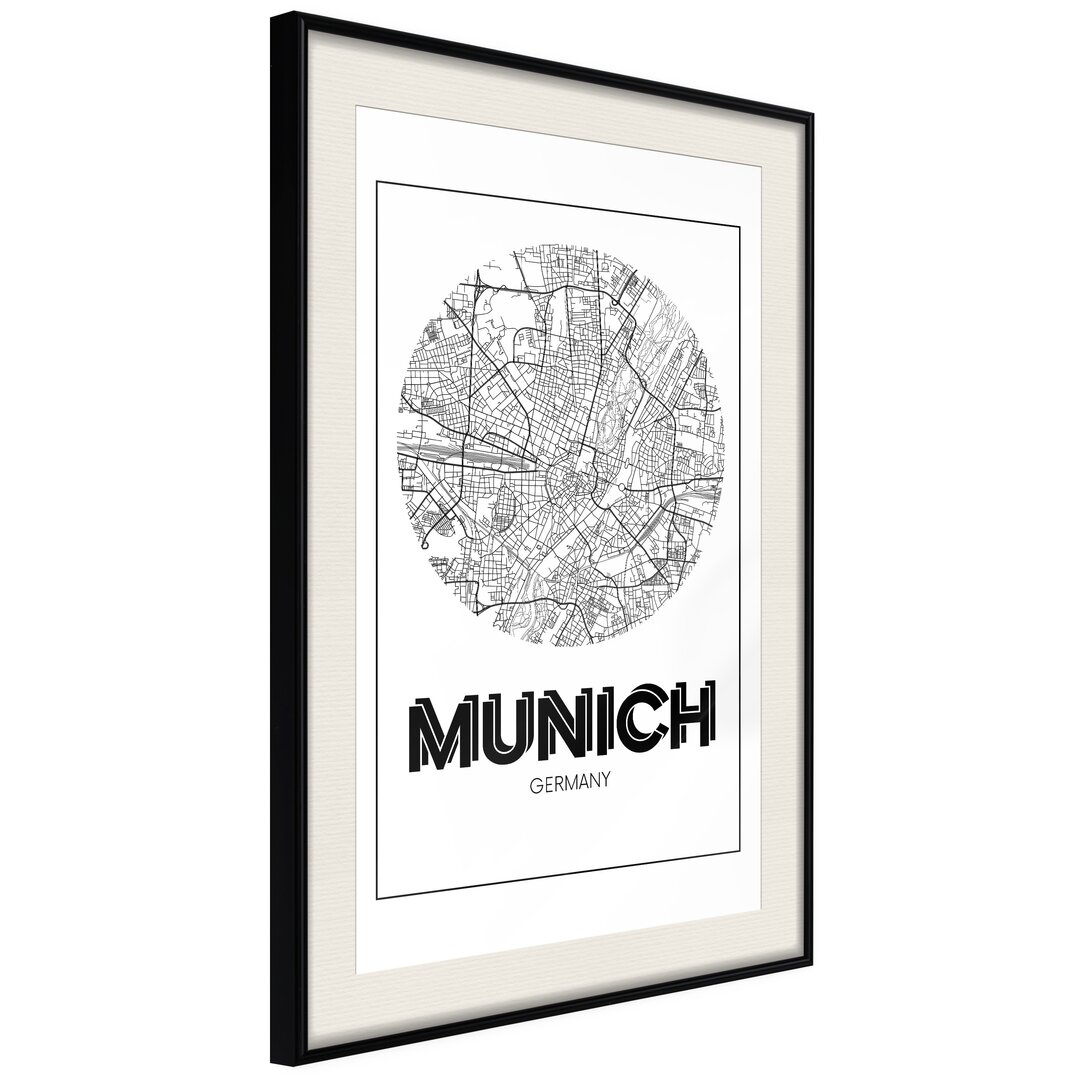 Gerahmter Grafikdruck City Map: Munich (Round)