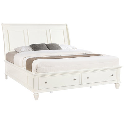 Cream White Eastern King Platform Bed With Two Drawers In , Panel Design, Wood And Material Headboard Storage Drawers, White, Solid Engineered Structure