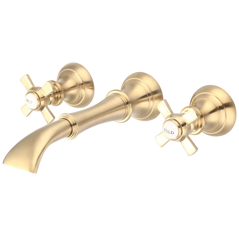 Robinet pour salle de bain mural cascade, Poignées en croix en métal ronde et étiquettes, Laiton satiné