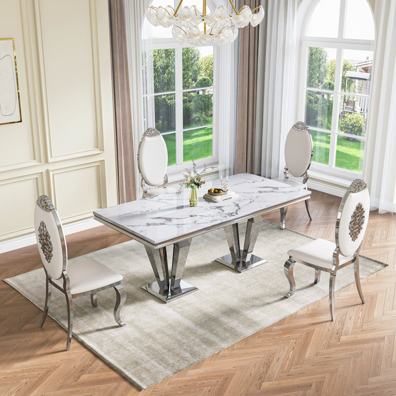 70"Faux Marble Dining Table,Rectangular Kitchen Table With Diamond-Shape Stainless Steel Legs For Kitchen, Living Room