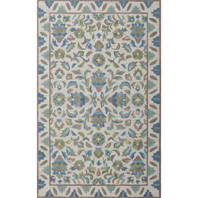 Lugano Hand-Tufted Wool Loop Pile Indoor Rug Traditional Bordered Cream/Blue/Green