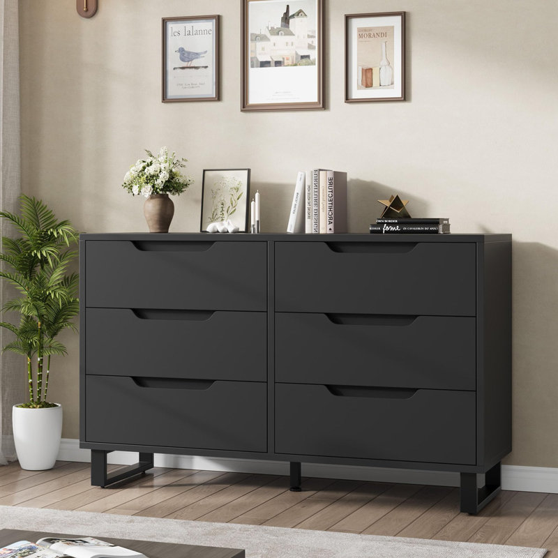 47.2" Wide 6 Drawer Dresser for Bedroom, Freestanding Wooden Closet Storage Chest Cabinet, Black