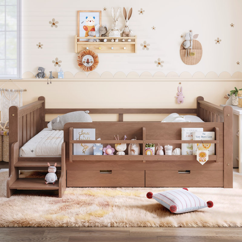 Lit double sur pied avec tiroirs de rangement, Naturel