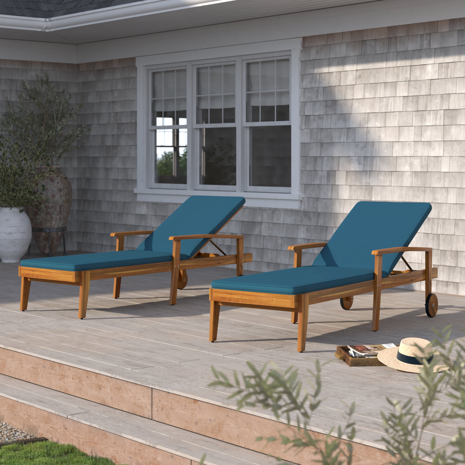 Saeon 28" Acacia Patio Chaise Lounge Set, Blue