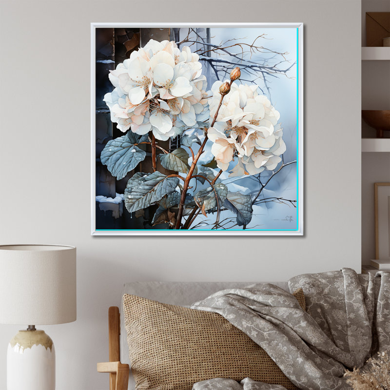 " White Hydrangea Charm In Winter ", 36" H x 36" W x 1.5" D, White Floater Framed