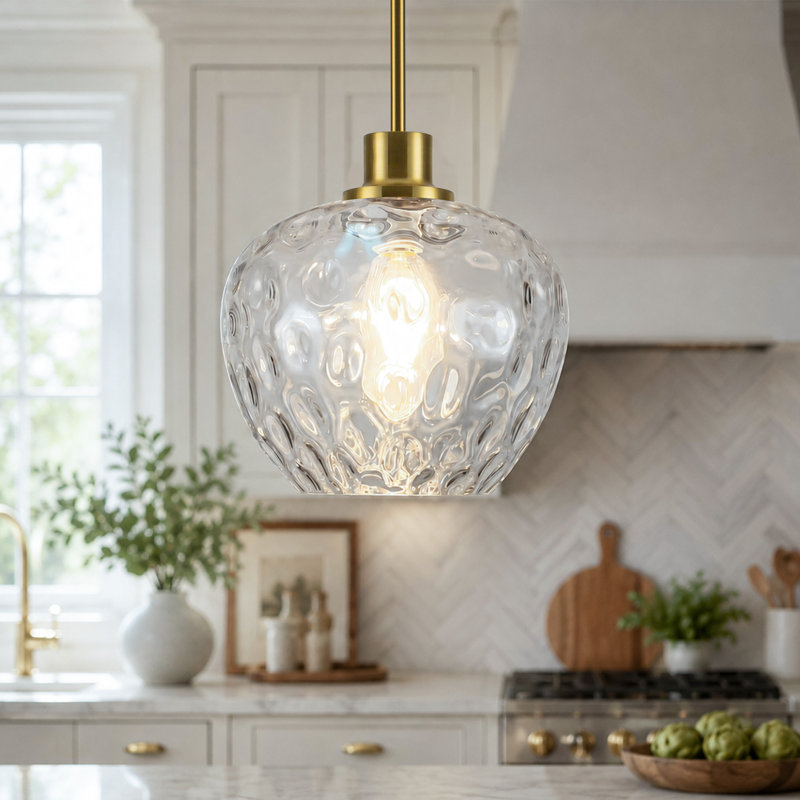 Aguilera 1-Light Apple-Shaped Water Glass Pendant Light for Kitchen Island, Dining, 9.1" W, E26 Base, Gold, Clear