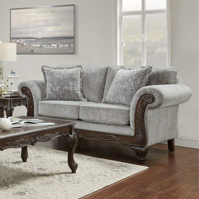 Halima Carved Wood Frame Loveseat, Gray