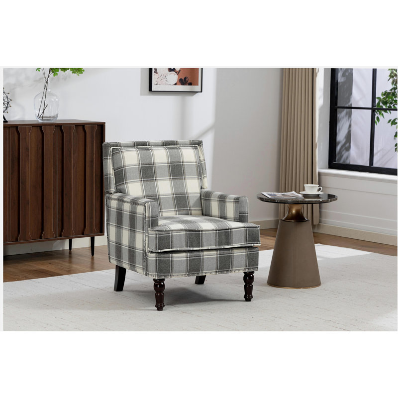 Chaise d'appoint rembourrée, fauteuil vintage avec tissu en lin gris et garniture cloutée pour le salon