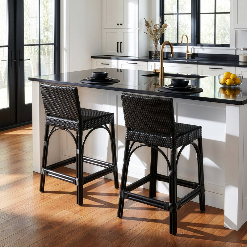 Serienna Blue & White Rattan Low Back Counter Stool, Bar Stool (30" Seat Height), Black