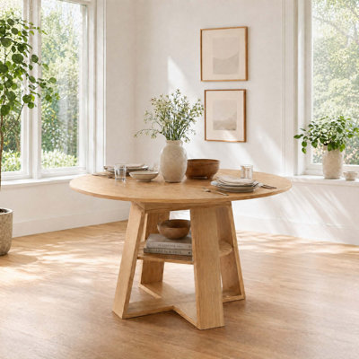 Table de salle à manger extensible ronde avec feuilles amovibles peu encombrantes, base en bois avec tablette de rangement pour le salon de la cuisine