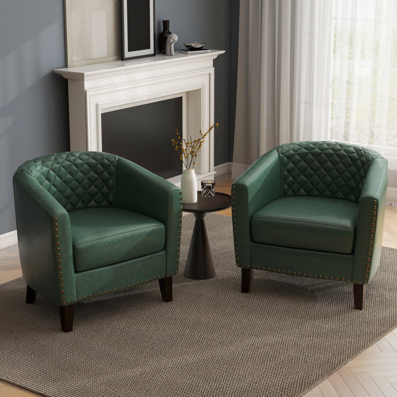 Edvardas Upholstered 29.11 Wide Green Faux Leather Tufted Barrel Club Chair with Nailhead Trim, Green Faux Leather
