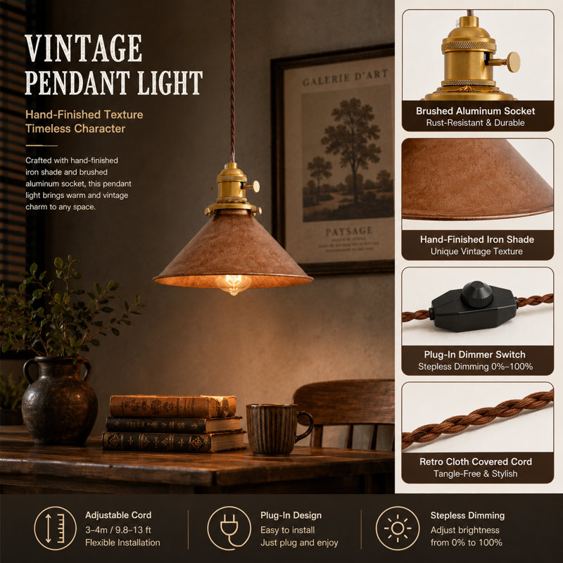 Oyisen Plug in Pendant Light 8.2 Inch Rusted Copper Shade Vintage Industrial Design On/Off Switch 14Ft Adjustable Cord Hanging Lamp Plug in for Living Room,Bedroom Hanging Light 2 Pack