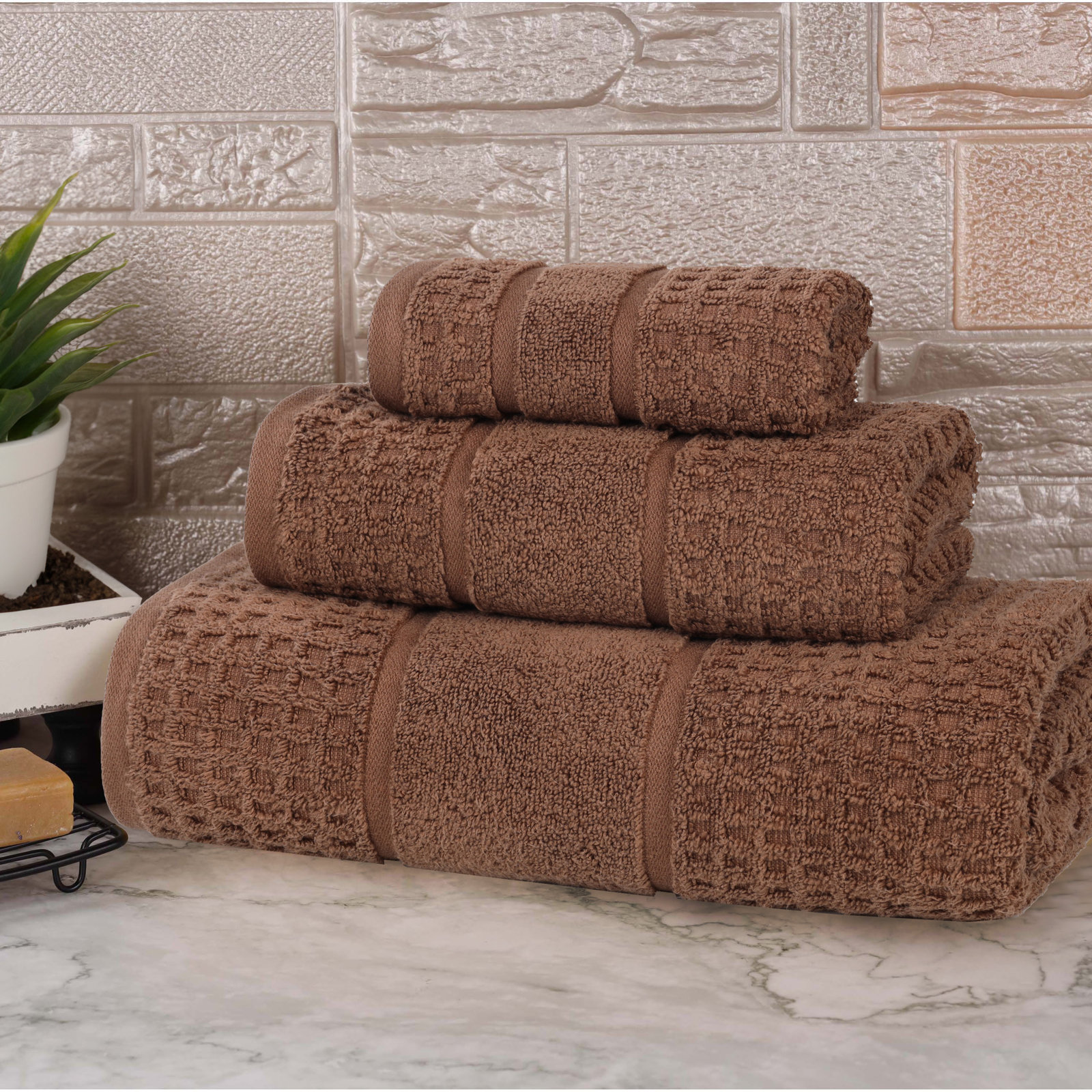 Hisela 3-Piece Waffle Cotton Towel Set, Chocolate, 3 Piece Towel Set
