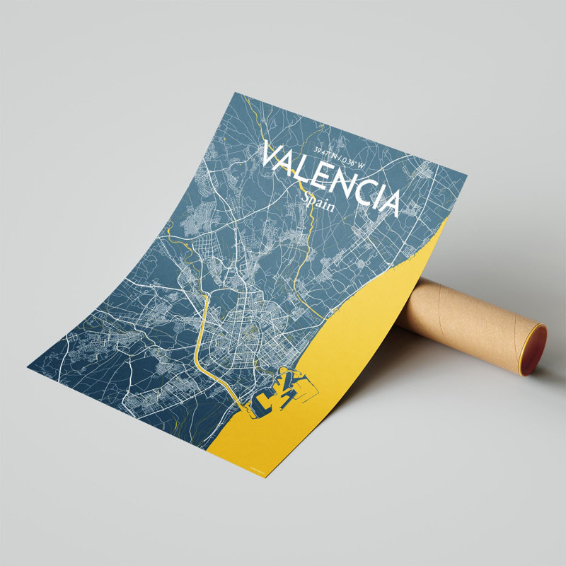 Valencia, carte de la ville, impression, H 20 po x l 16 po, Bleu / jaune