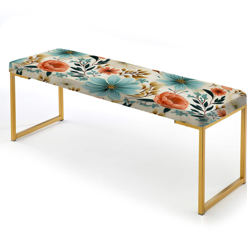 Floral Upholstered Gold Bench, Blue And Coral Playful Flower Enchantment