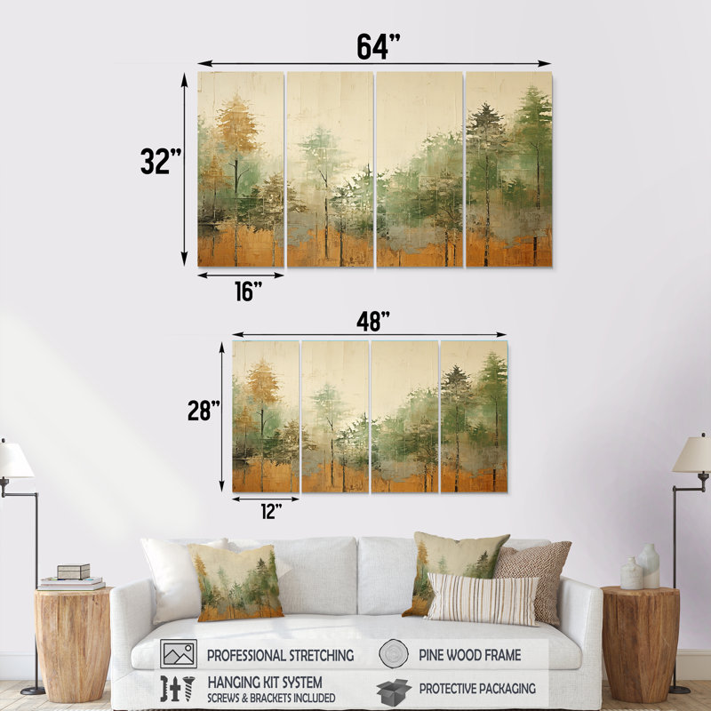 «Green Forest Beige sauvage», art mural 4 pièces pour salon, H 28 po x l 48 po