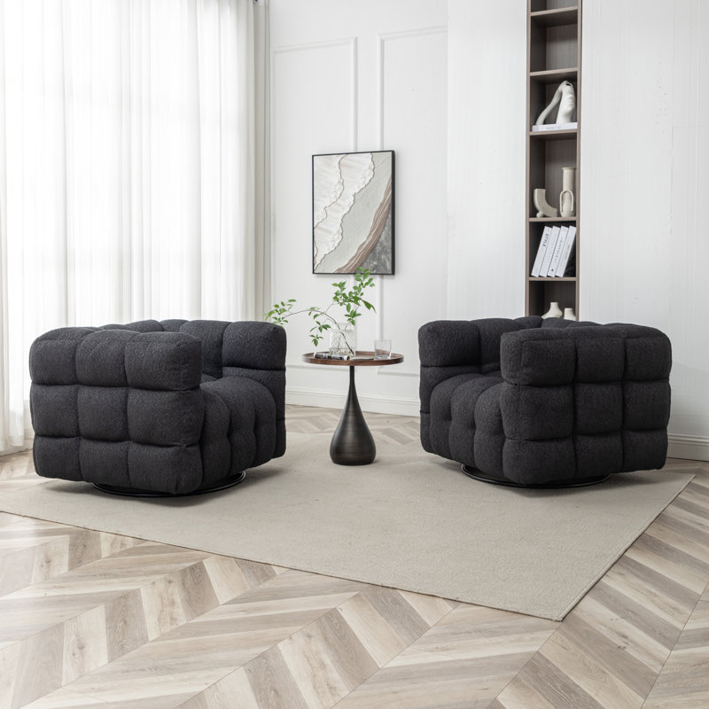 Fauteuil pivotant capitonné large de 38 po Ashyiah, Bouclé noir