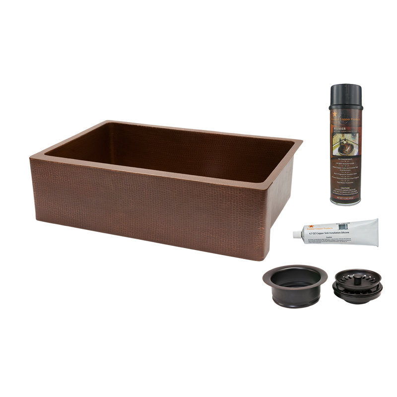 33" Antique Hammered Copper Kitchen Apron Single Basin Sink with Matching Drain, and Accessories