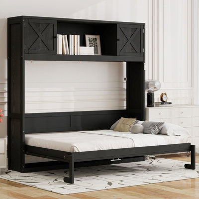Lit escamotable double pleine grandeur avec bureau rabattable et 3 armoires de rangement, lit mural peu encombrant au design rustique