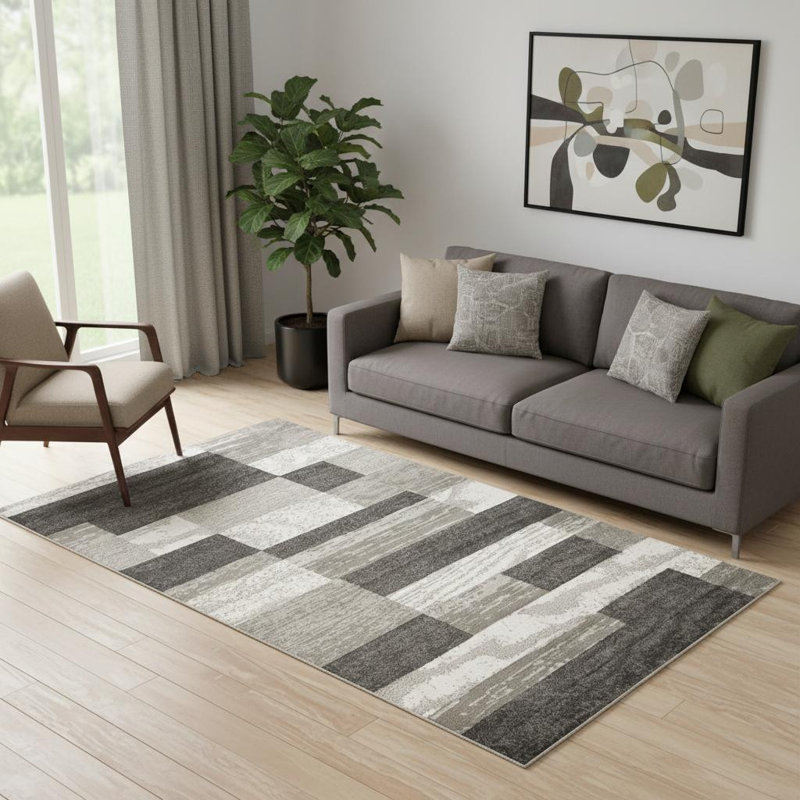 Tapis gris anthracite tissé à la machine 5 pi x 8 pi Patchwork