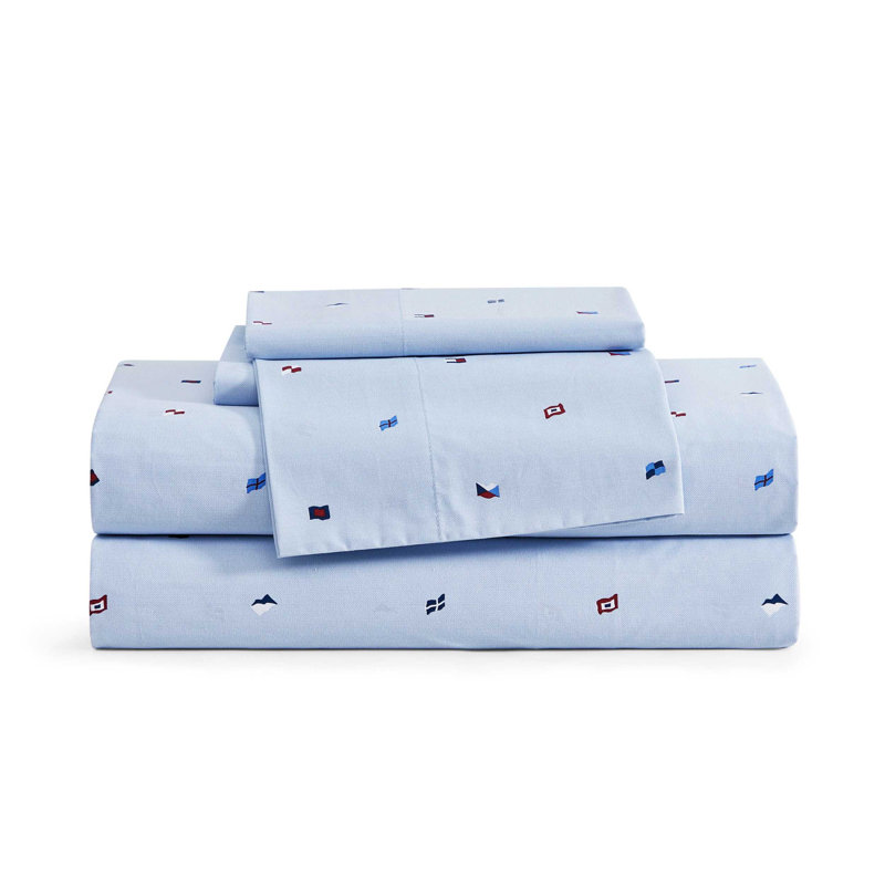 Tommy Hilfiger Printed Percale Cotton Sheet Set, Full Sheet Set with 2 Pillowcases, Nautical Flag Blue