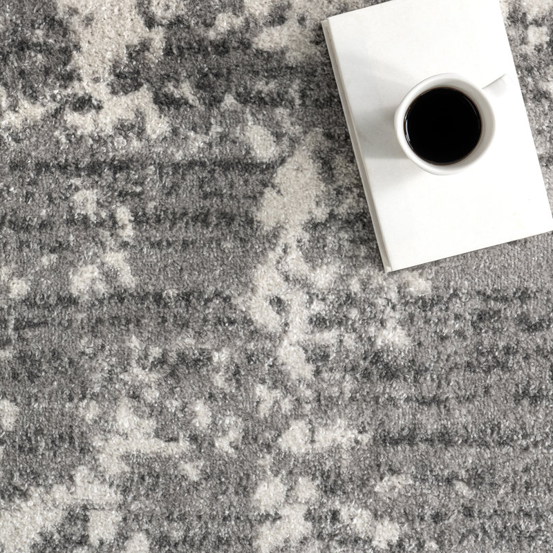 Tapis performance gris / blanc moderne à motif abstrait tissé à la machine Deedra, Rond 4 pi