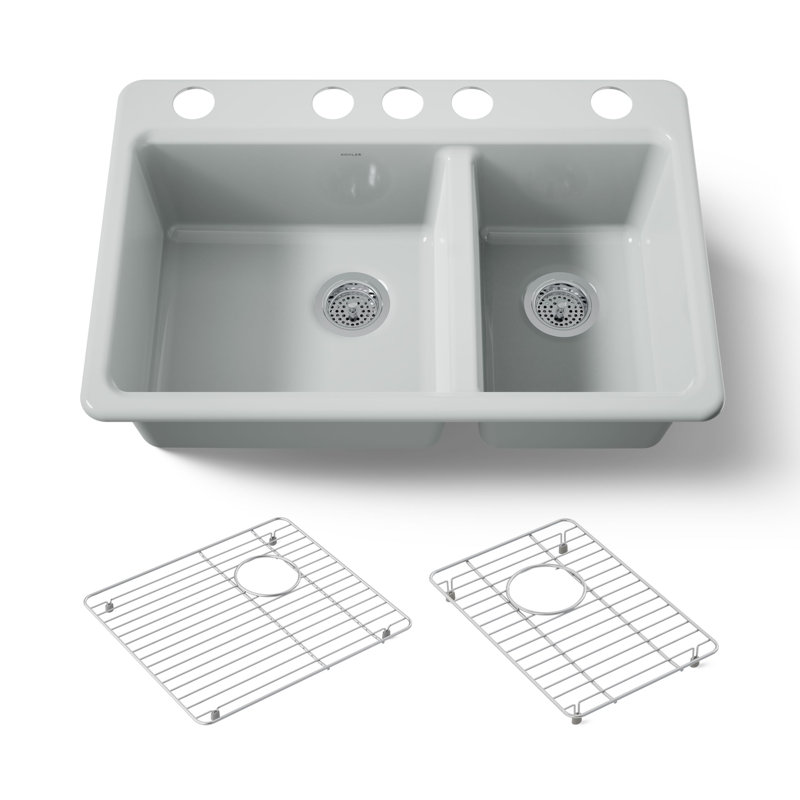 Riverby 33" Enameled Cast Iron Undermount Double Basin Kitchen Sink, Ice Gray