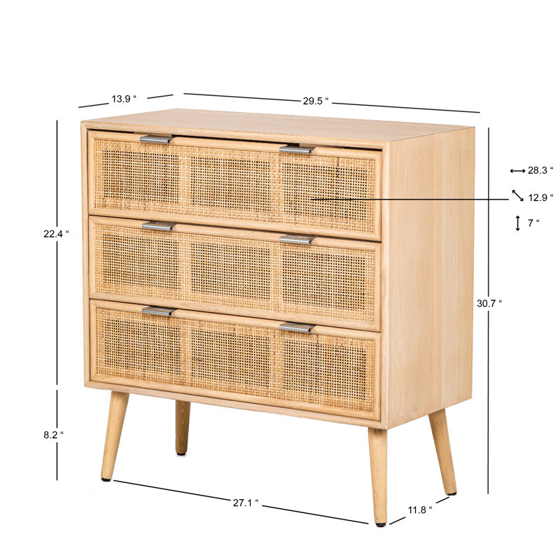 Chariel 3-Drawer Wooden and Natural Rattan Dresser