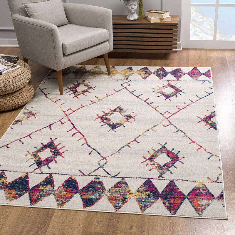 Tapis de couloir en polypropylène crème / bleu / rouge tissé à la machine 2 pi 3 po x 20 pi Amtul, Rectangle 5 po x 8 po