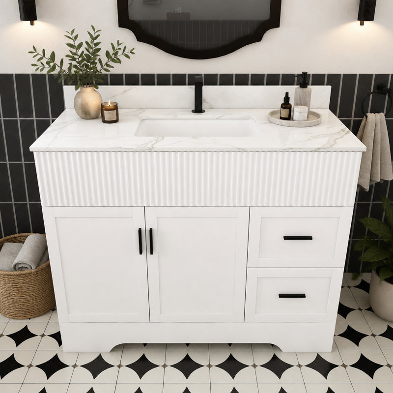 Freestanding Standard Single Vanity Bathroom Vanity With Faux Marble Top
