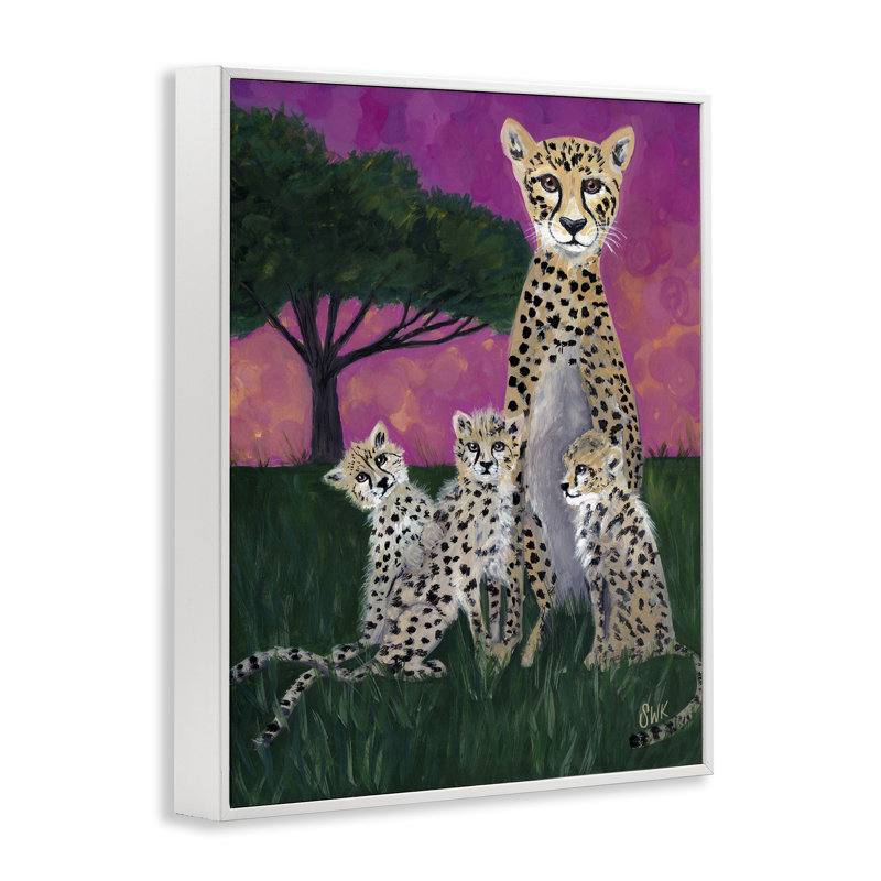 «Mama Cheetah & Her Cubs», dessin de Sarah Waldron Kimball, Encadrement giclée blanc côtier, H 20 po x l 16 po