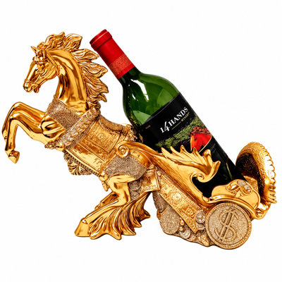 14"W Golden Color Ornate Horse Wine Bottle Holder with Decorative Scrollwork - Elegant Home Decor