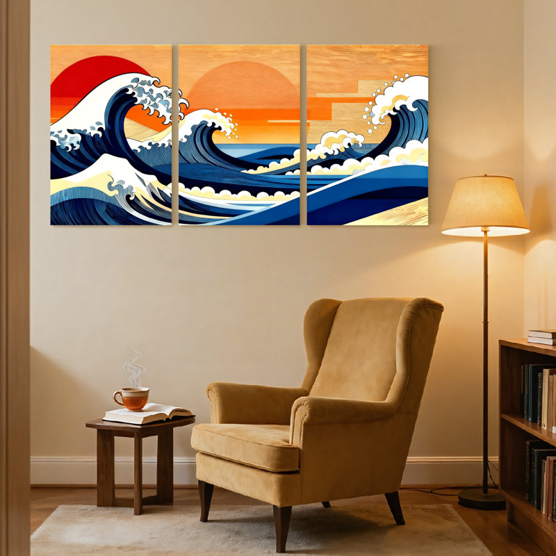 «Nautical & Beach Wave Sunset Ocean», ensemble de 3 reproductions d'art sur toile, H 36 po x l 72 po