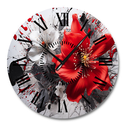 Red Grey Botanical Symphony I - Abstract Botanicals Black Face Wall Clock