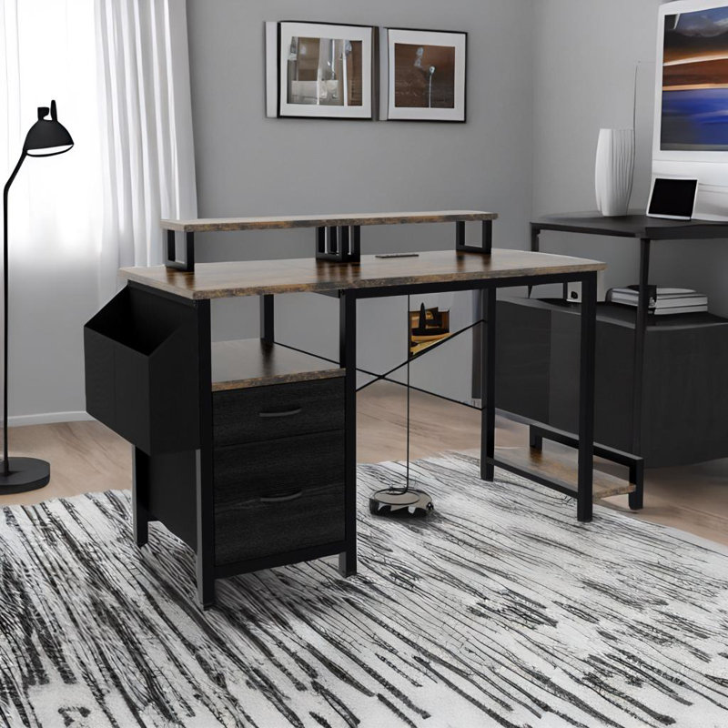 Bureau avec prise de courant, Brun, Noir, noir, noir, noir