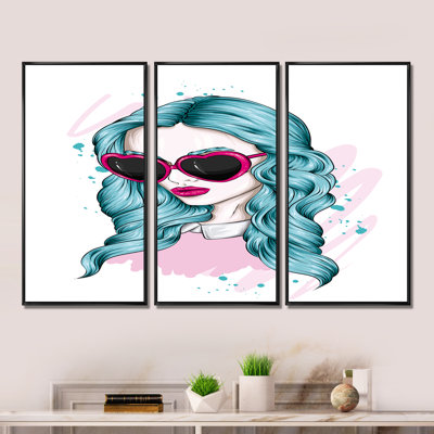 Portrait d'une jeune femme aux cheveux turquoise - cadre flottant 3 pièces, impression sur toile